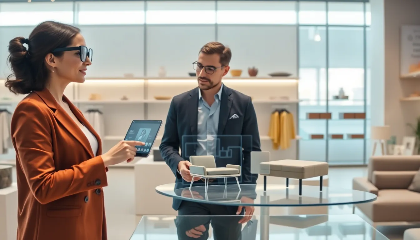 diverse team using augmented reality in a modern retail space.