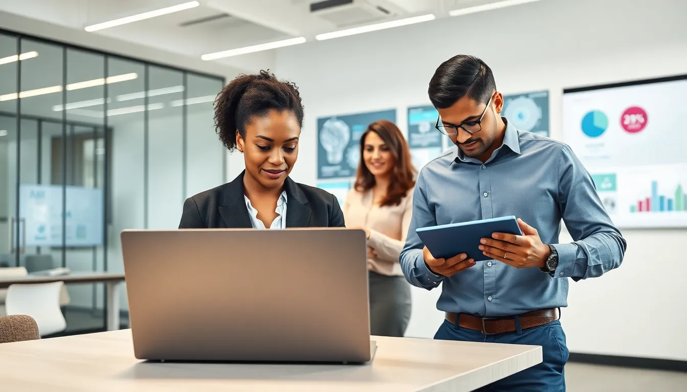 diverse team working with Lenovo AI technology in a modern office.