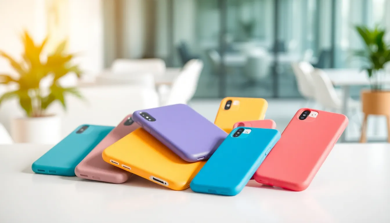 colorful cloud mobile phone cases on a minimalist surface.