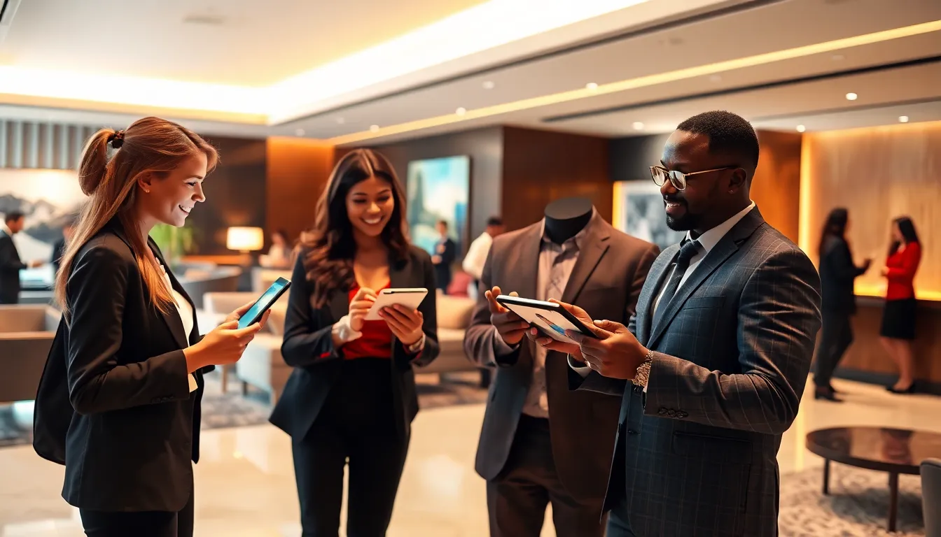 diverse professionals using AR technology in a modern hotel lobby.