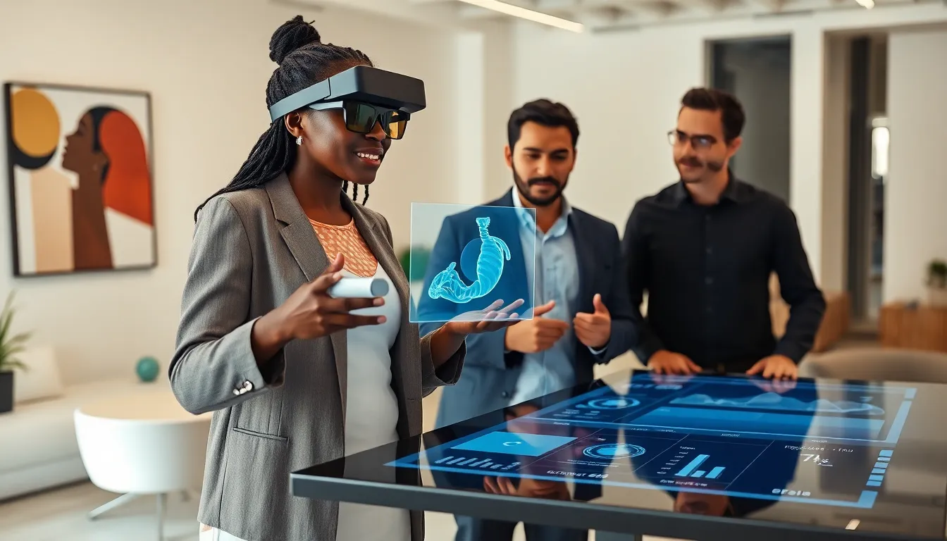 professionals using Mixed Reality technology in a modern office.
