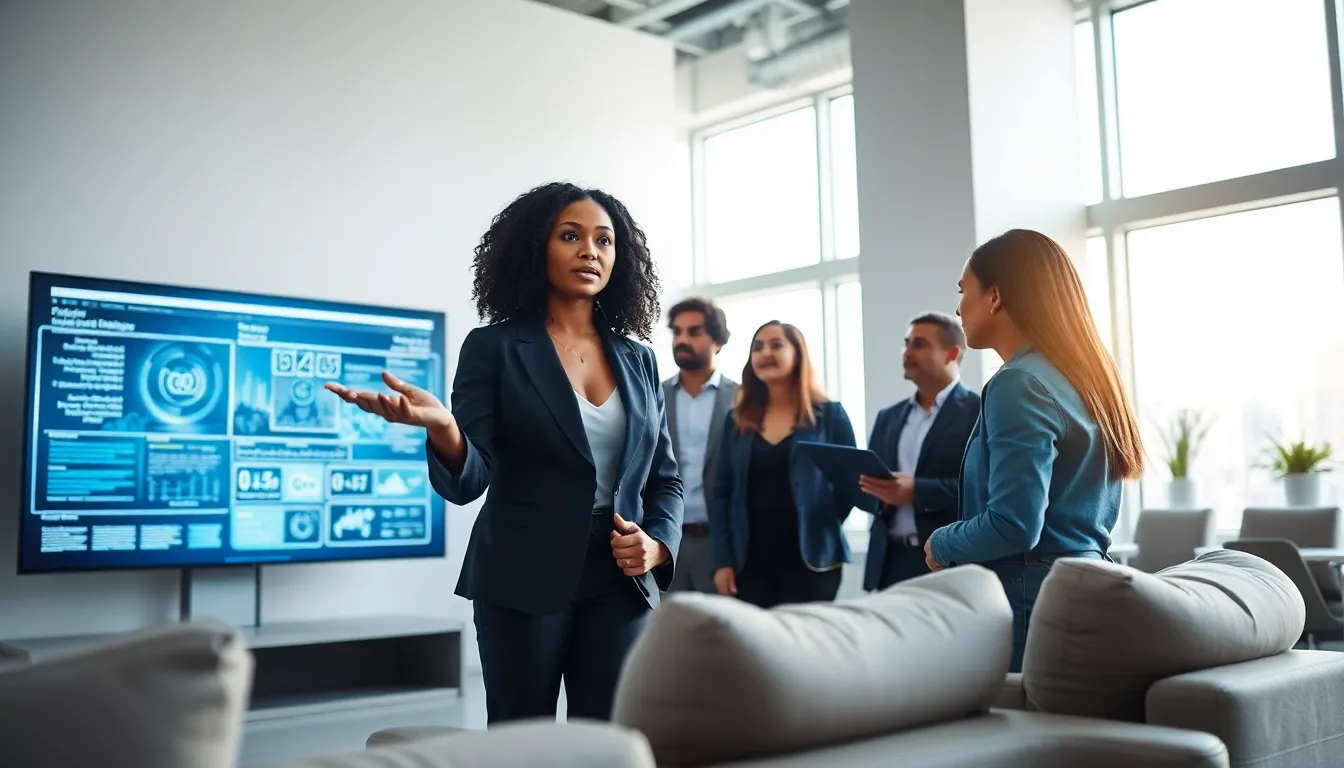 diverse team discussing artificial intelligence in a modern office.