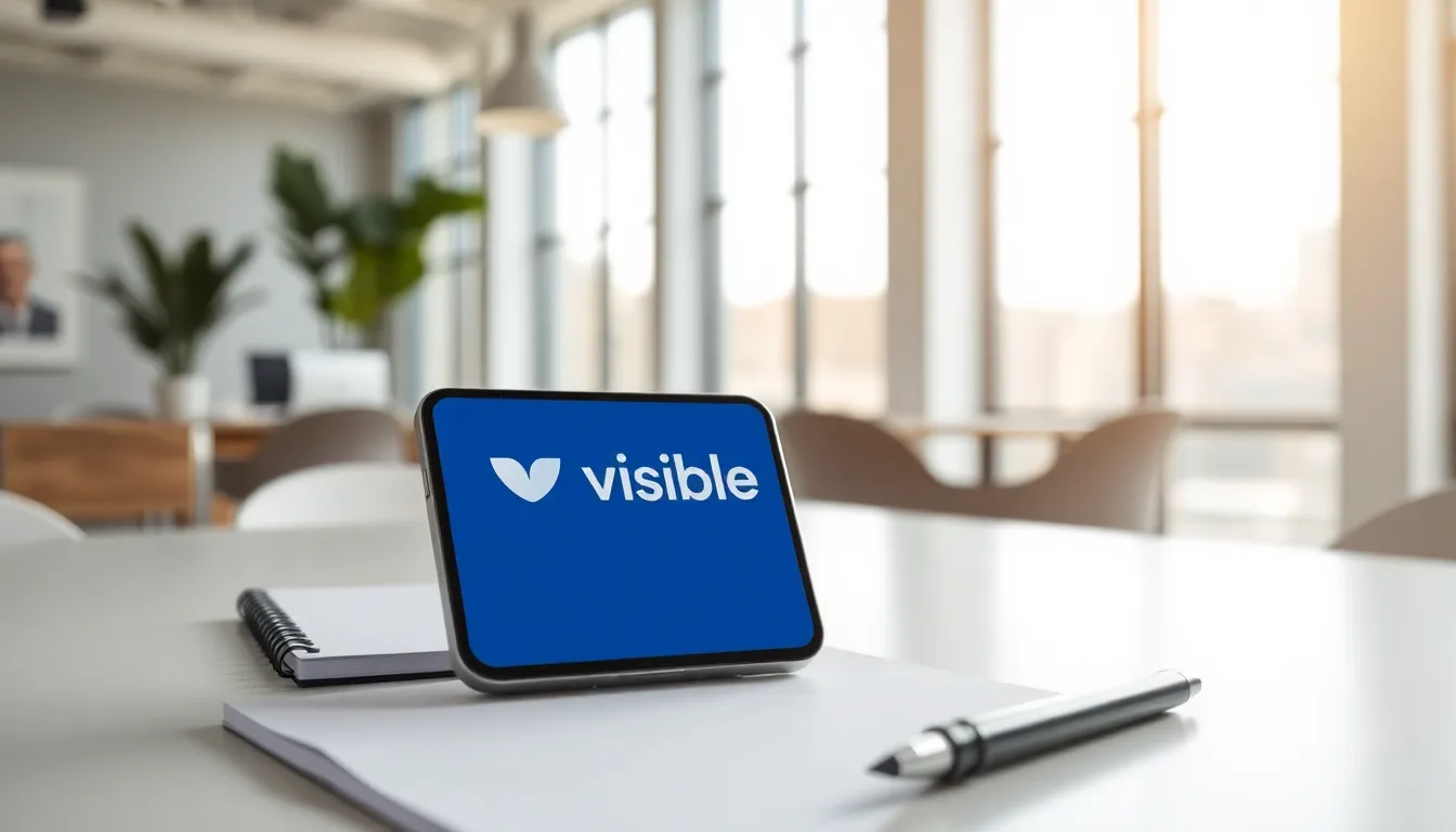 A smartphone with the Visible logo on a modern office desk.